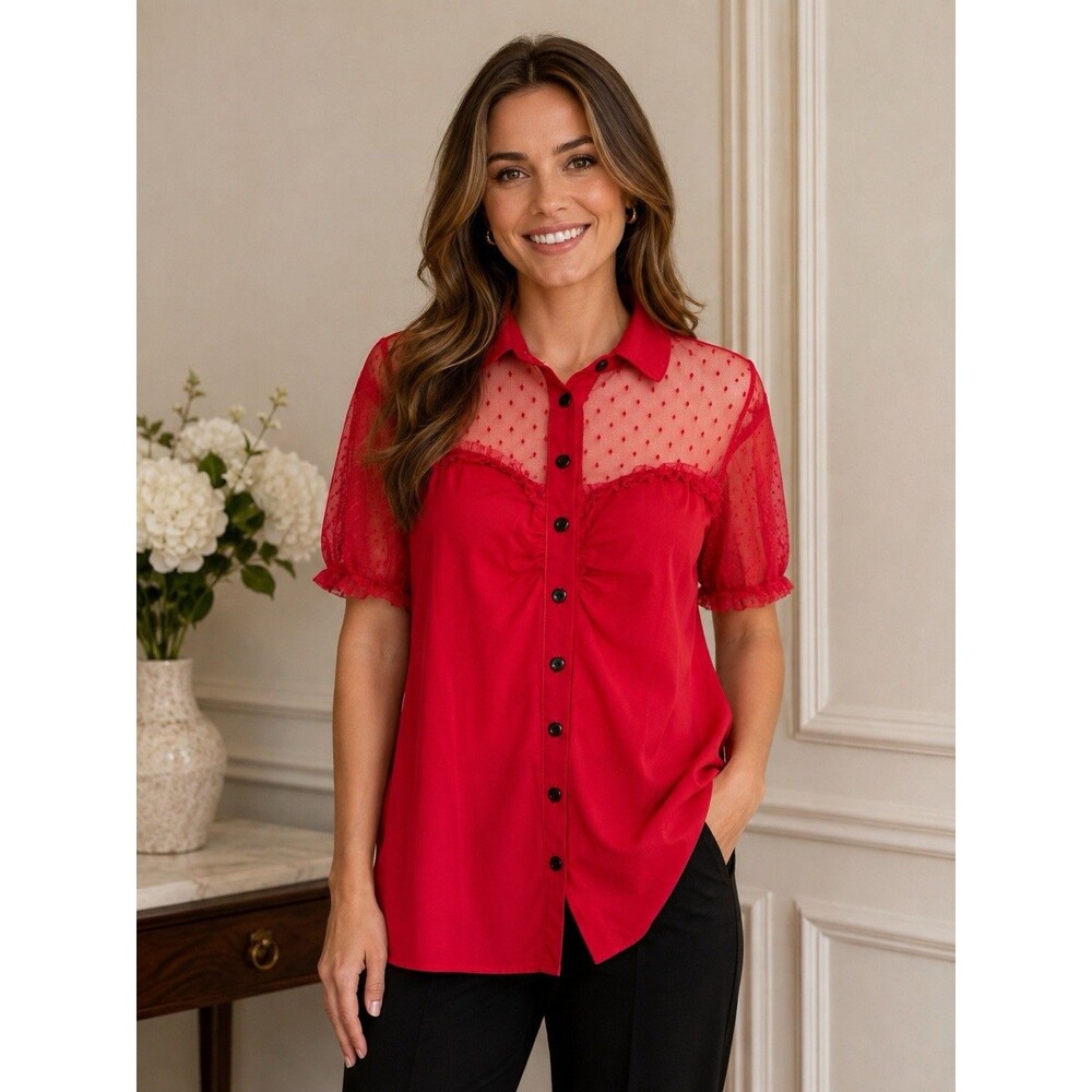 Belle Poque Red Button Up Large Shirt Mesh Upper Heart Buttons Gathered Bust